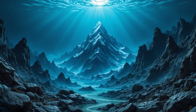 Underwater Mountain Landscape with Sunlight Shining Through Water