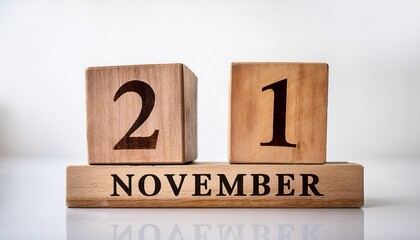 Minimalist photo of wooden blocks with date 21 November. Day and month, calendar on white background
