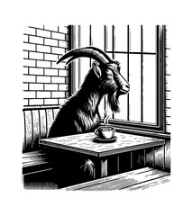 Sheep or goat drinking coffee looking out window in cafe corner illustration