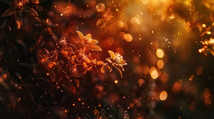 Golden Hour Floral Bokeh Background with Glowing Petals and Warm Light Particles