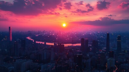 Fototapeta premium Sunset Cityscape: Vibrant Pink Hues Over Connected Metropolis