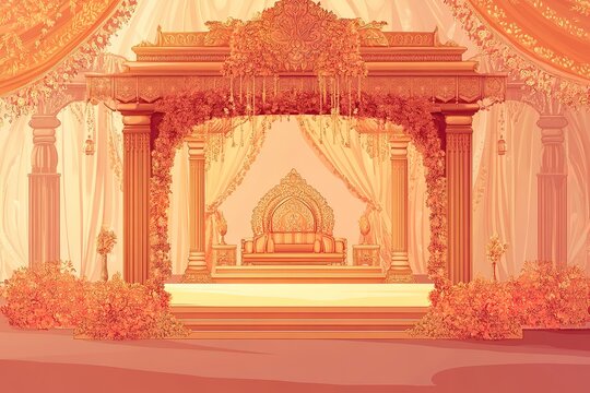 Illustration of Indian wedding mandap with arch design and floral elements backdrop - Powered by Adobe