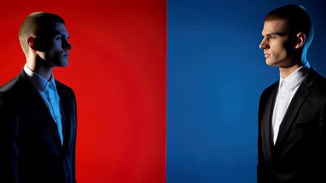 Two identical people fave to face, doppelganger concept, twin, double