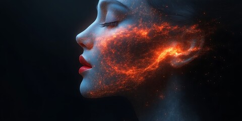Woman's face with fiery particles.