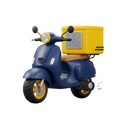 A food delivery scooter in 3D, with thermal box on the back, in navy blue and golden yellow, on white background
