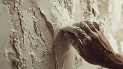 Worker applies plaster with precision, filling surface gaps and imperfections—close-up highlights smooth texture and craftsmanship.

