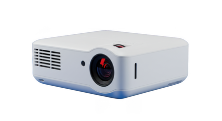 A close up shot of a modern white projector with lens and ventilation on a dark background