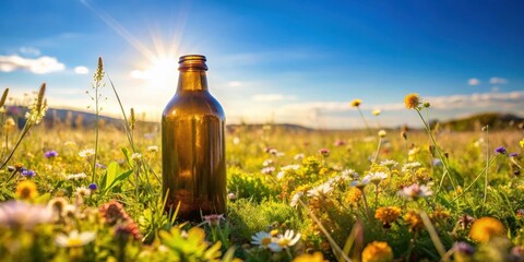 A brown glass bottle rests on a bed of dry