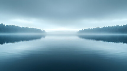 Fototapeta premium Serene misty lake reflecting tranquil forests under a cloudy sky at dawn, perfect for relaxation