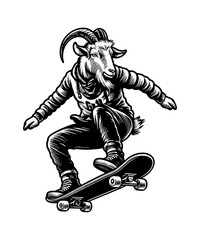 Cool Sheep or Goat on Skateboard Doing Freestyle Tricks in Trendy Clothing