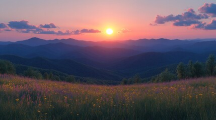 Obraz premium Majestic Sunset over Mountain Ranges and Wildflowers