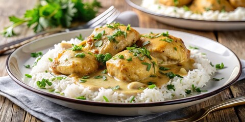 A fragrant chicken cooked in a flavorful white wine sauce served over a bed of fluffy basmati rice with a sprinkle of chopped fresh herbs, chicken fricassee, gourmet cuisine