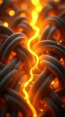 Glowing orange energy thread through interwoven textures.