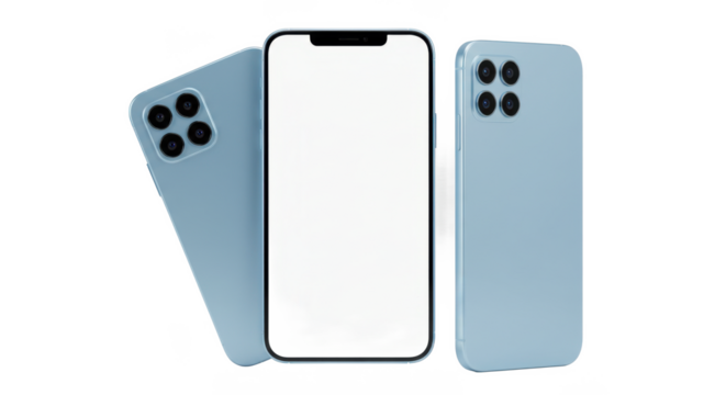 Three light blue smartphones with a quad camera setup and a blank white screen displayed