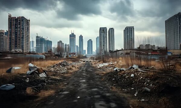 Abandoned city street in ruins, surrounded by decaying skyscrapers and debris under a gloomy sky, captured in a dolly shot.