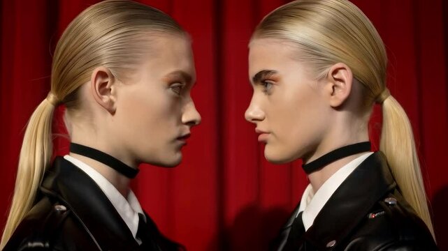 Two identical people fave to face, doppelganger concept, twin, double