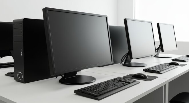 A modern computer lab with sleek desktop setups against a bright white backdrop