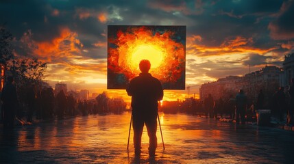 Fototapeta premium Person holding a vibrant painting against a sunset backdrop in a busy urban setting