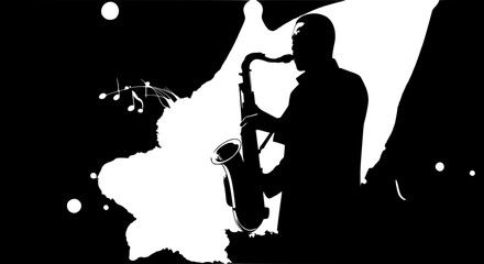 Saxophonist silhouetted playing saxophone against smoky background with musical notes