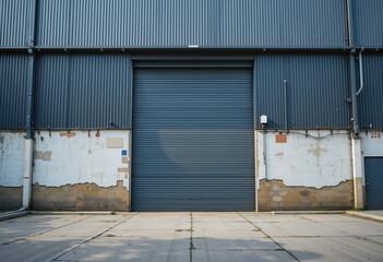 Fototapeta premium Large gray metal rolling door on a building with a concrete lot in front of the building facade