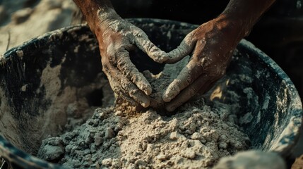 Obraz premium Worker’s hands blending cement and sand in a wheelbarrow, showing the detailed texture of the rough, grainy construction mix.