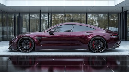 Sleek plum coupe with black wheels, reflecting on wet pavement by a building