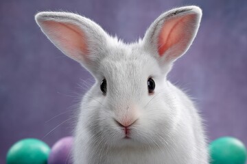 Obraz premium White rabbit with light gray background looking straight at camera in close-up shot with soft lighting showing purity innocence and natural fur detail in minimal animal portrait