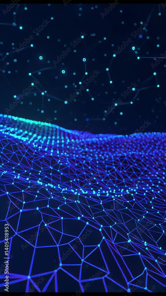 Poster blue digital grid with glowing points and lines forming a futuristic data network in 3d space