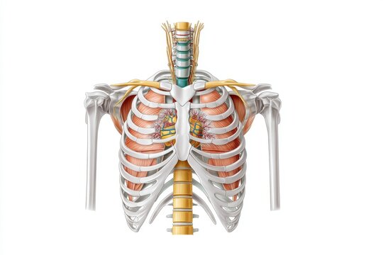 Detailed chest anatomy with pectorals and intercostal muscles