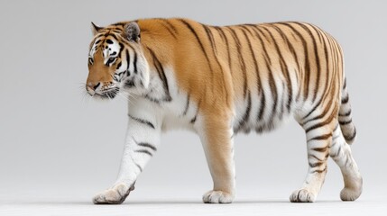 Obraz premium Classic golden tiger walking left on neutral gray surface in wildlife profile focus with soft ambient tone and realistic tiger fur detail in motion