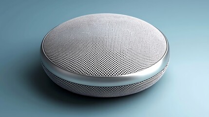 Circular object with textured surface and silver band, on a blue background