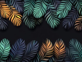 A vibrant arrangement of stylized, overlapping tropical leaves in hues of teal, gold, and navy against a deep black background.  A captivating visual for nature-inspired designs. 
