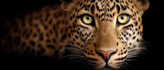 Obraz premium Leopard face closeup under dim jungle lighting with amber glow reflecting eyes and fierce alertness in high detail predator expression composition