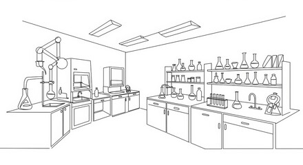 Fototapeta premium Minimalist Chemistry Lab Interior Illustration with Single Line Glassware Design