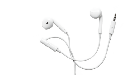 A close up shot of white wired earphones with a black background in a studio setting isolated
