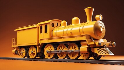 Yellow vintage steam locomotive on track against orange background