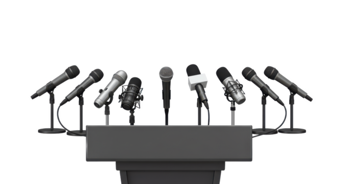 A gray podium with multiple microphones in a row against a black background ready for a conference