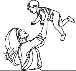 happy mom raising daughter in the air line drawing vector