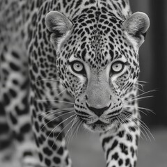 Obraz premium Close up of a young wild leopard in sharp monochrome style showcasing intense eyes and spotted fur texture for emotional wildlife animal portrait stock photography