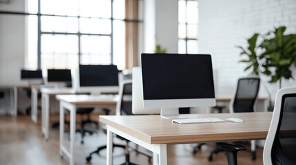 Modern office workspace urban environment digital technology professional setting bright and minimalistic aesthetic