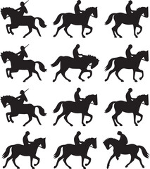 Dynamic Silhouette Set of Riders and Horses in Motion