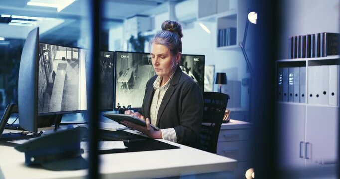 Computer screen, footage and tablet with woman in CCTV control room for safety or security. Live feed, monitoring and video surveillance with government worker at headquarters for law enforcement