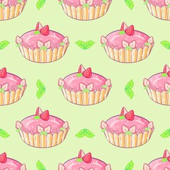 Cute Strawberry Berry Tart Seamless Pattern Cute Pastel Dessert Illustration