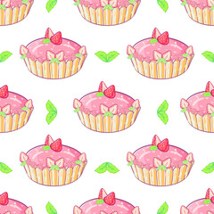 Cute Strawberry Berry Tart Seamless Pattern Cute Pastel Dessert Illustration