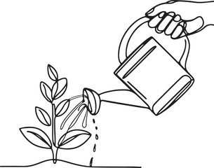 Minimalist line drawing of watering can and plant
