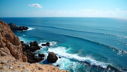 This photograph captures a breathtaking coastal landscape where rugged cliffs meet the vibrant blue ocean. The foreground showcases golden-brown rocky cliffs and boulders.
