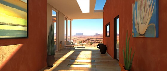 Clay walled hallway with long horizontal skylight, embedded step lights
