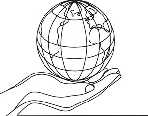 Hand holding globe isometric line drawing