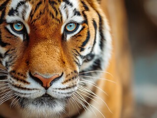 Obraz premium Front facing tiger in warm toned environment with symmetrical pattern on fur and eyes locked forward expressing dominance confidence and apex predator emotion