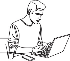 Working on laptop line drawing vector